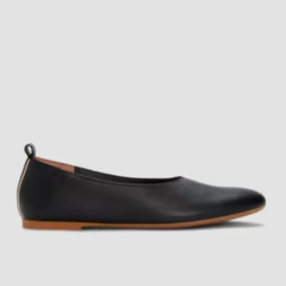 Everlane Black Leather Ballet Flat with Brown Sole Accent - Picture 1 of 5